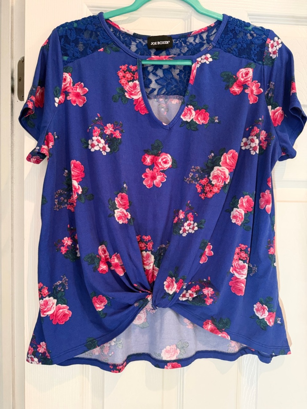 Joe Boxer Royal Blue Floral Lace-Yoke Twist Front Top